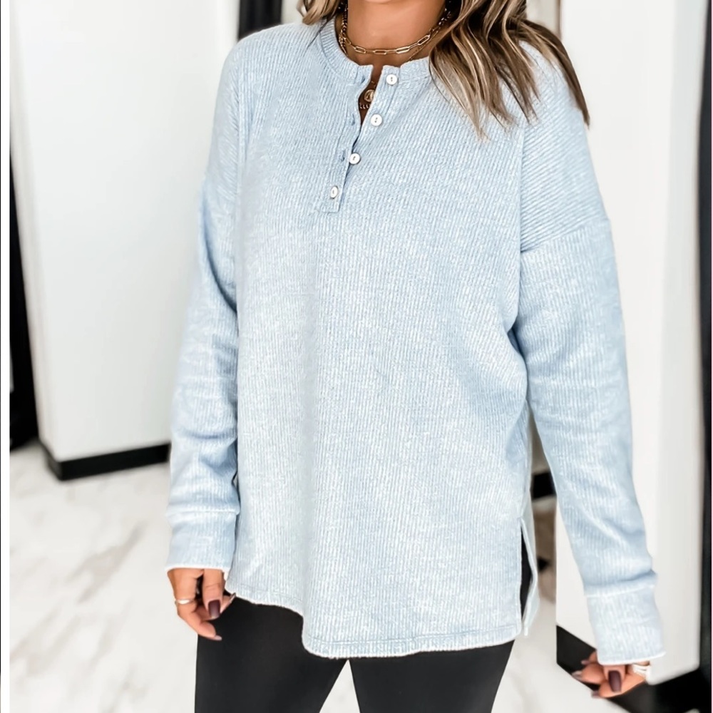 [Cherish] Henley Style Brushed Thermal Knit Top - Size L - Picture 4 of 10